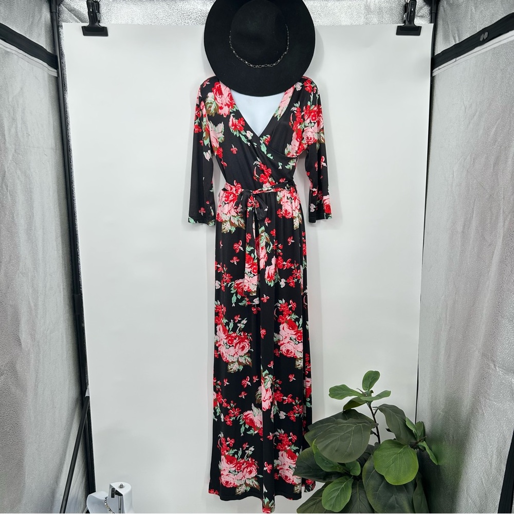 Ruiyige black floral long sleeve maxi dress size medium nwot